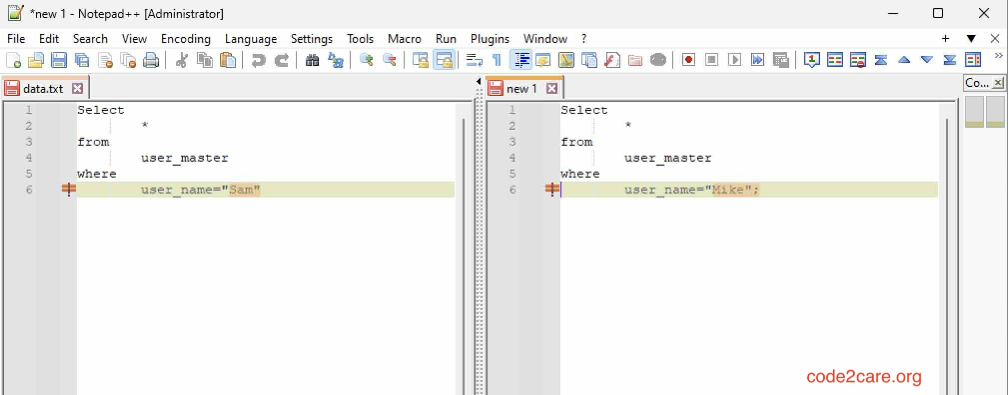 How to Compare Two SQL Queries in Notepad++ Code2care